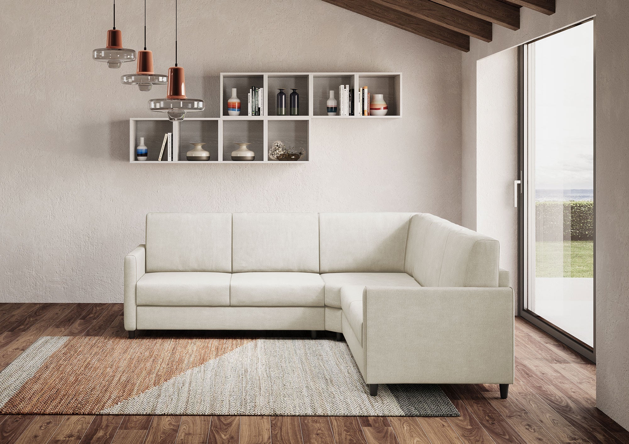 Divano Angolare 5 Posti 241x241x85 cm Karay in Tessuto Latte