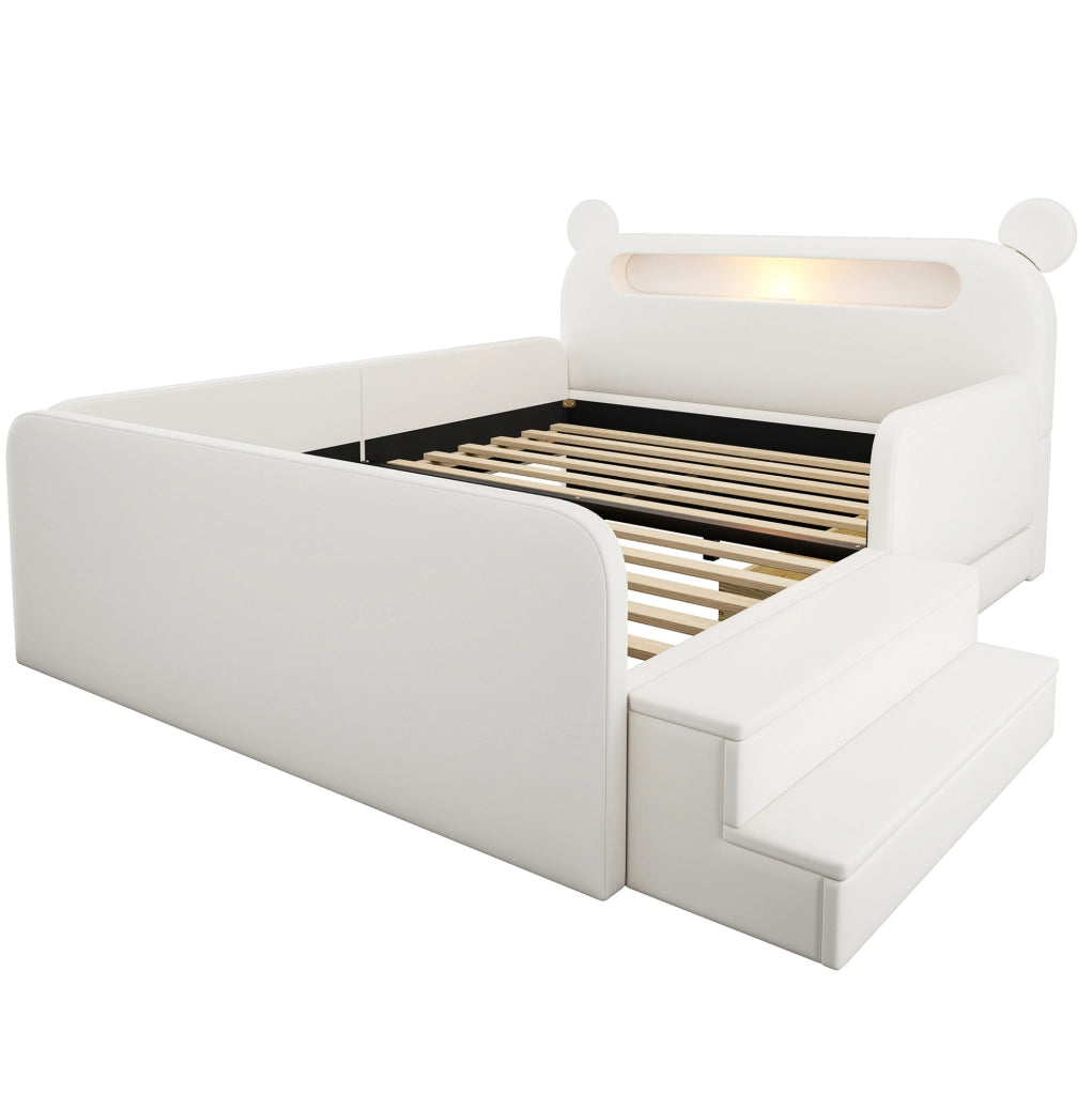 Letto imbottito per bambini 140x200 cm con testiera a orsetto, luce notturna e USB bianco