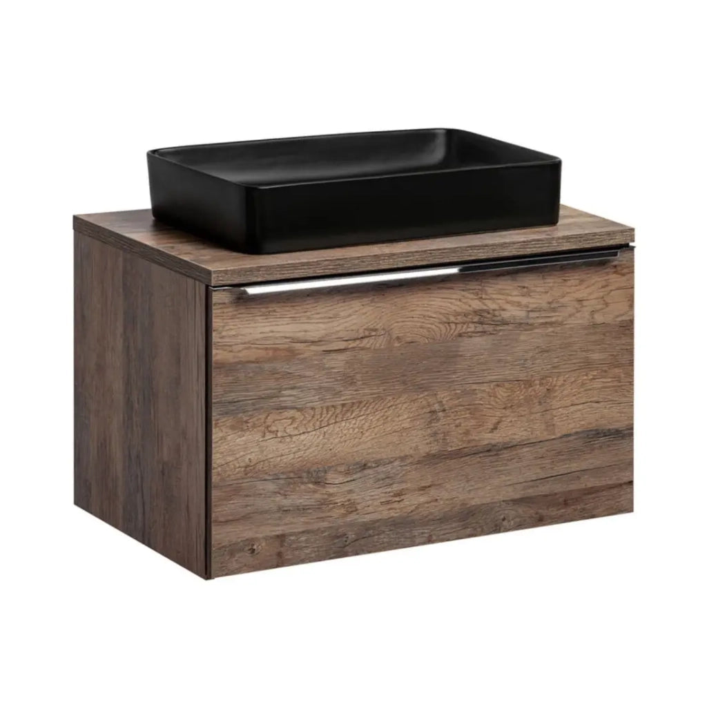 Set da bagno VANTA in quercia: mobile sottolavabo 80cm + piano lavabo + 1 lavabo nero da appoggio