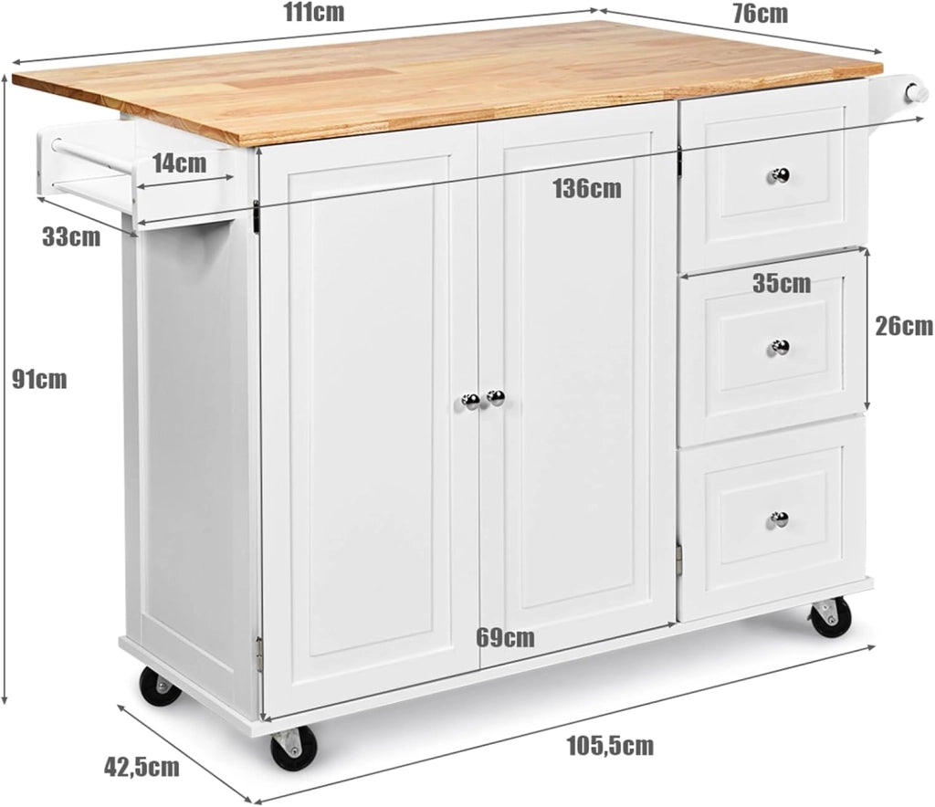 Carrello da Cucina in Legno, Credenza Cucina Salvaspazio con Mensole Regolabili, Armadietto per Microonde con Cassetti, 136 x 76 x 91 cm (Bianco)