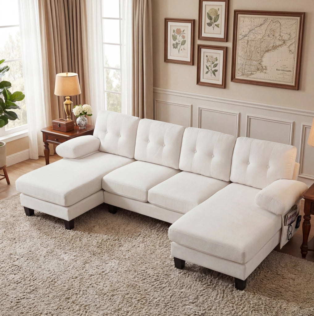 Divano a U per 4 persone in tessuto ciniglia beige con doppia chaise longue e cuscini comodi