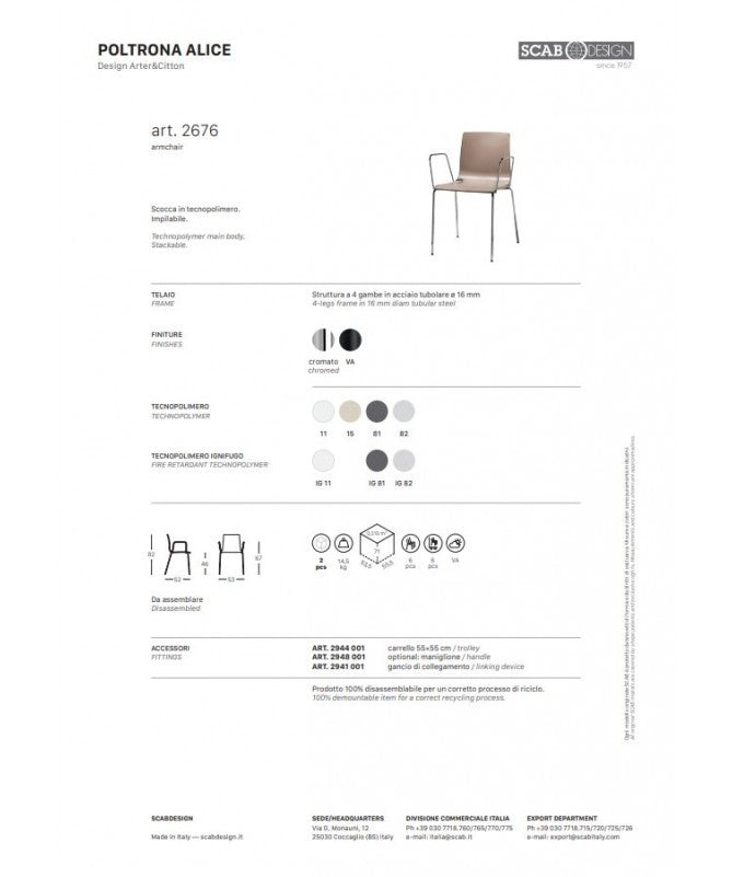 SEDIA ALICE - SET DA 2 - CON BRACCIOLI TECNOPOLIMERO e acciaio made in Italy SCAB DESIGN - Lino 11
