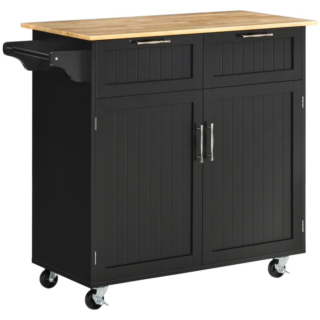 EasyComfort Carrello da Cucina Multiuso in Legno con 2 Cassetti, Armadietto e 4 Ruote, 104x46x91cm, Nero
