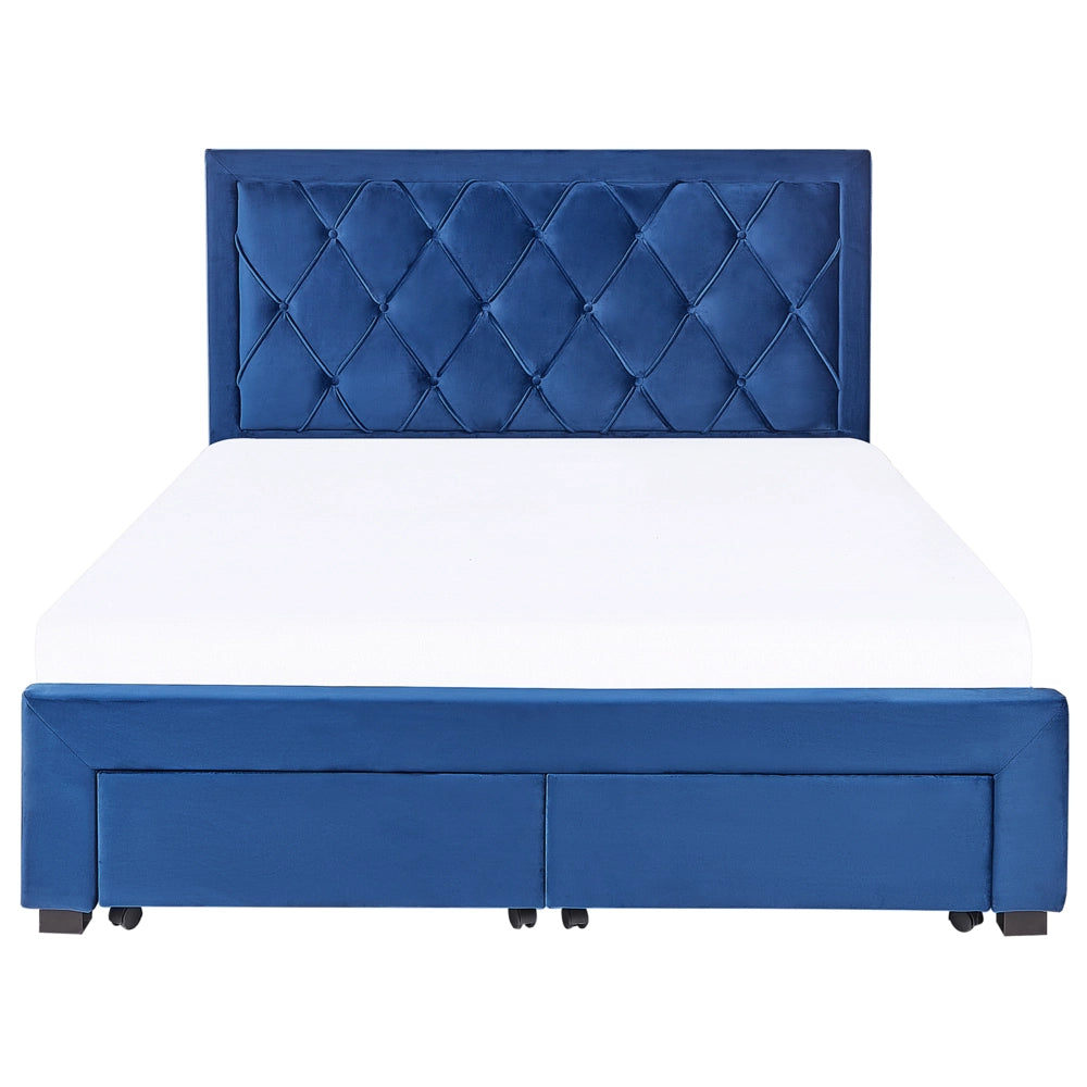 Letto contenitore tappezzeria in velluto blu 160 x 200 cm trapuntato testiera alta cassetti Glam Design