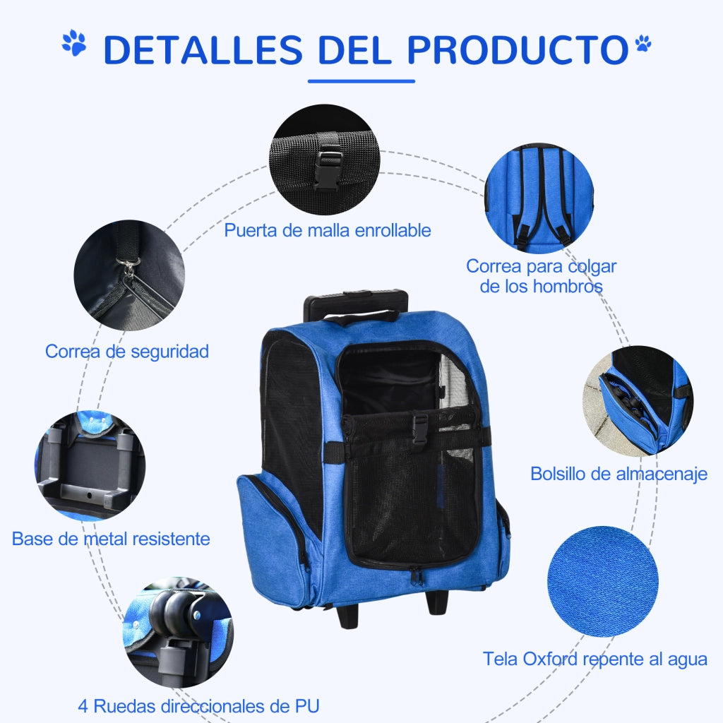 Trasportino Trolley 2 in 1 per Animali Domestici ¨C Xylo ¨C Cani Gatti con Ruote Manico Retrattile 42x25x55cm Blu