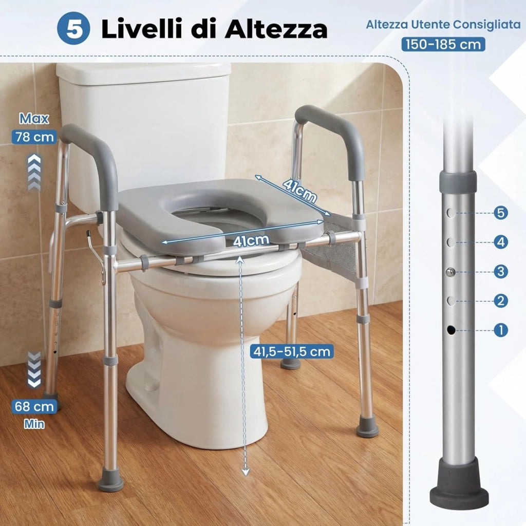 Ringhiera di Sicurezza WC, Barra Bagno con Braccioli Imbottiti, Portacarta Igienica e Tasca Portaoggetti, Altezza Regolabile in 5 Posizioni, Rialzo WC per Anziani, Donne Incinte e Pazienti