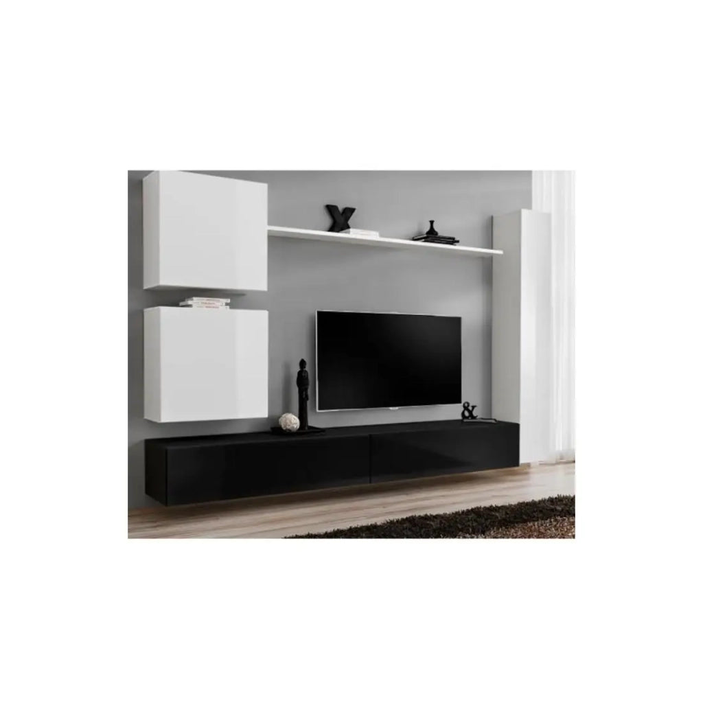 Mobile da soggiorno da parete SWITCH VIII. Mobile porta TV da parete design, colori nero e bianco lucido.