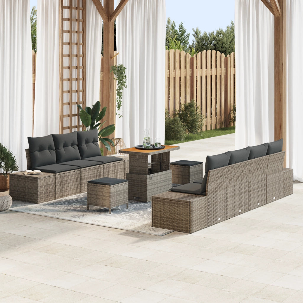 Set Divano da Giardino 10 Pezzi con Cuscini Grigio Polyrattan Acacia