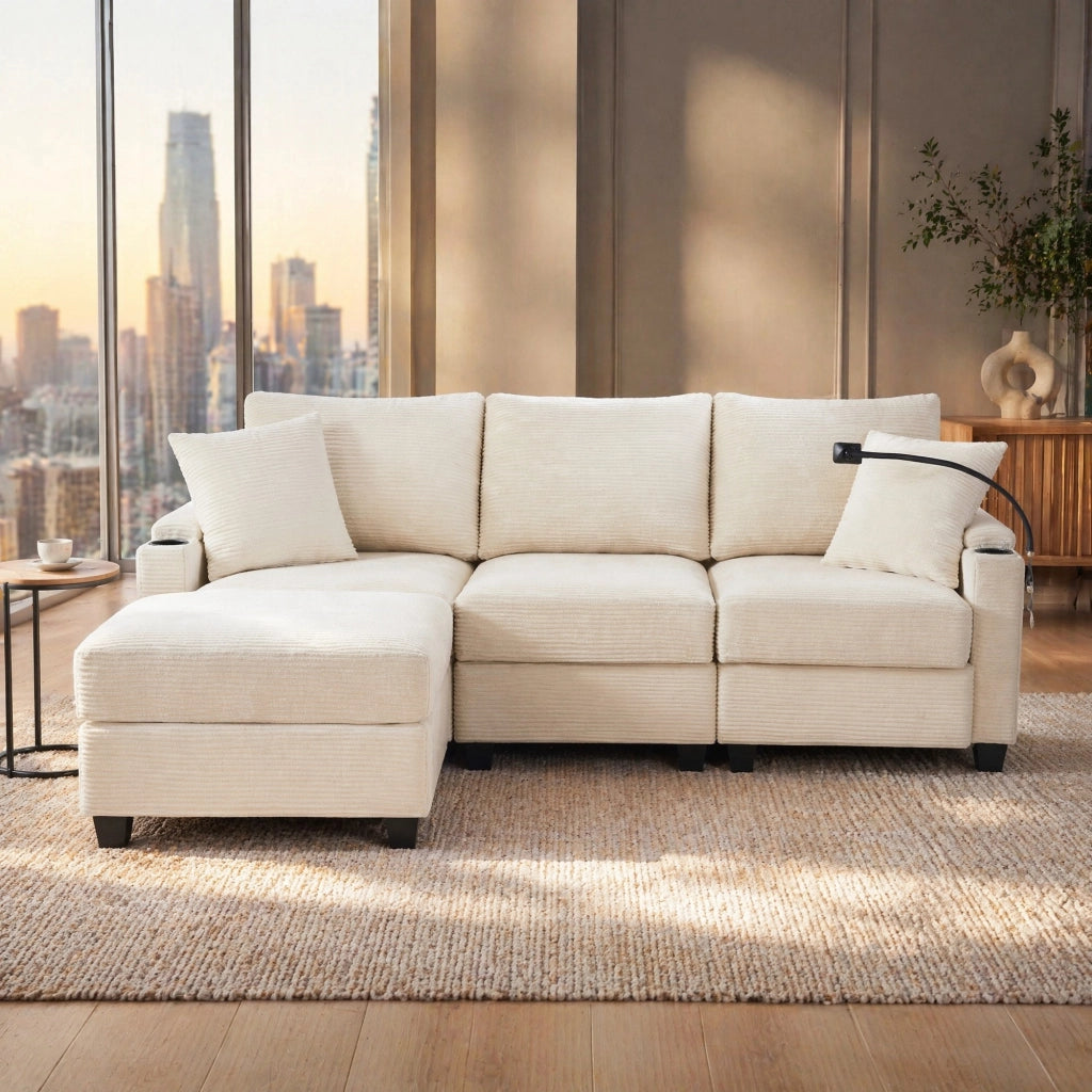 DIVANO ANGOLARE L 213,5x139x87 cm Beige in Corduroy con 2 cuscini