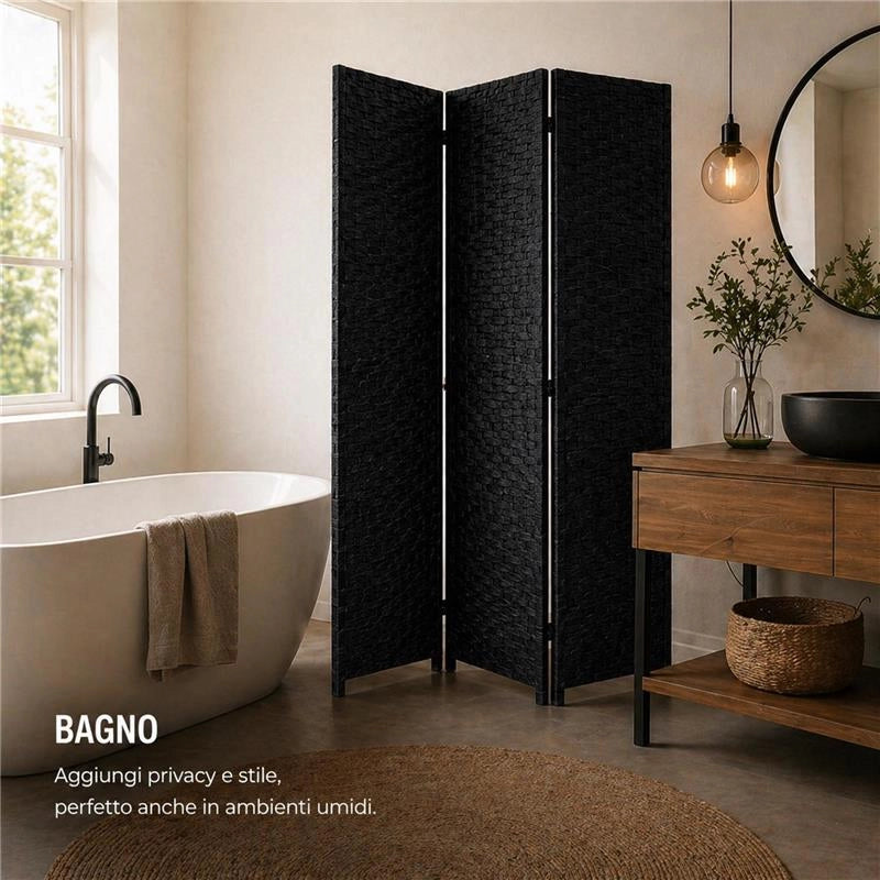 SEPARE' CON TRE PANNELLI IN PLASTICA NERO CON STRUTTURA IN LEGNO MISURE: 180X135CM