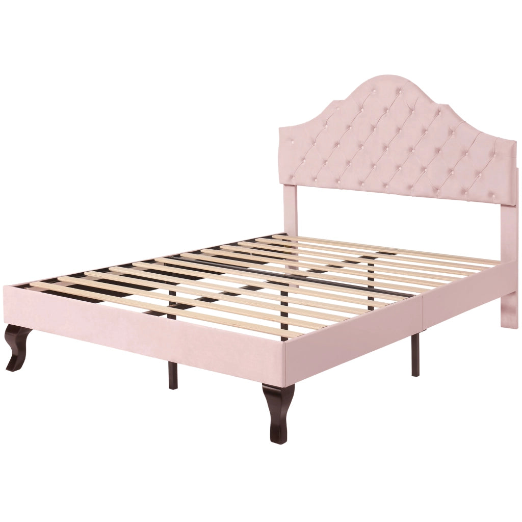 OKWISH Letto Matrimoniale 140×200 cm con Testiera Regolabile e Rete a Doghe, senza Materasso, in Velluto, Rosa