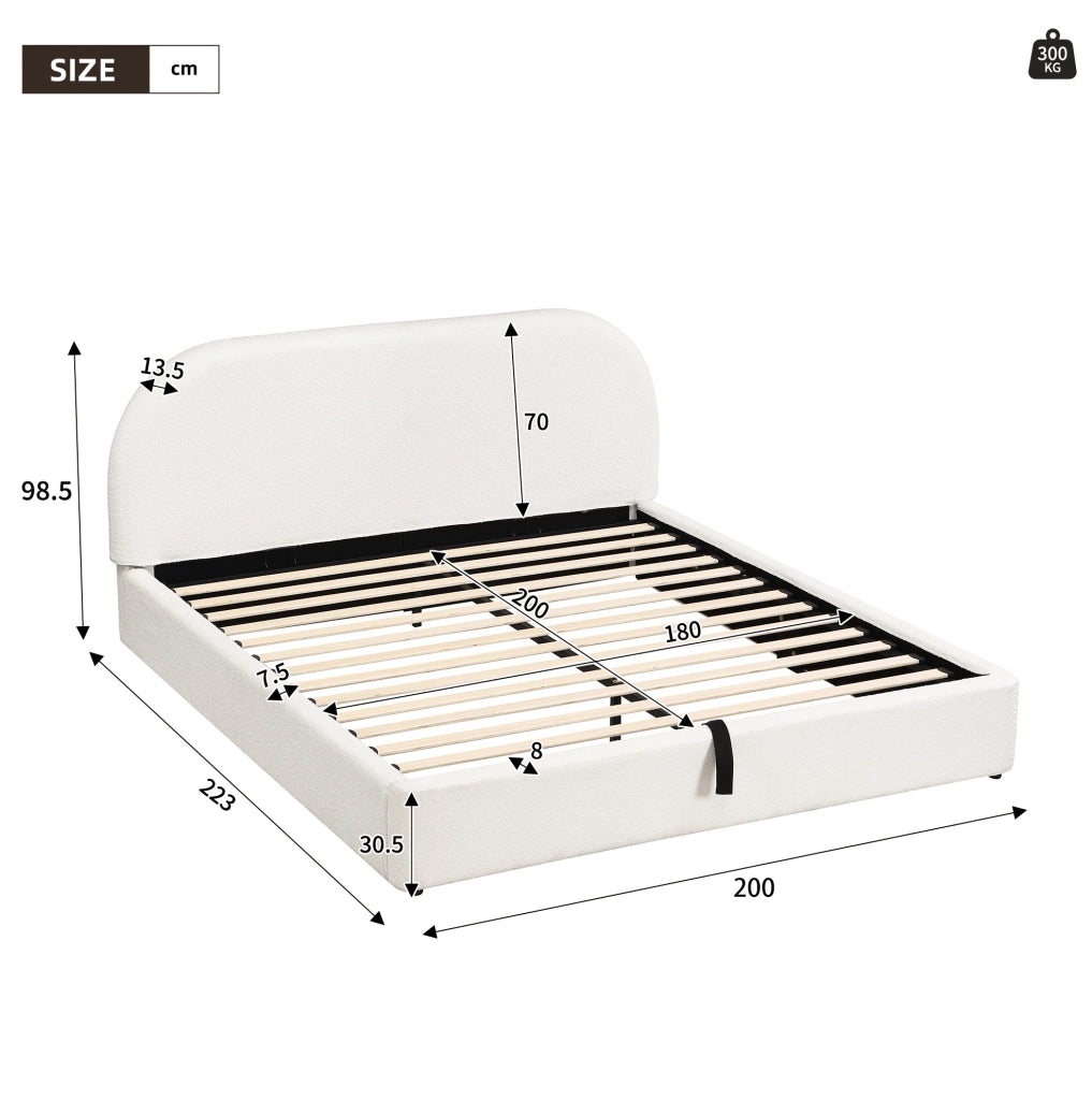 Letto matrimoniale imbottito con contenitore idraulico; testiera imbottita; beige Bouclé