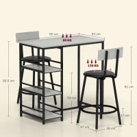 Set da Pranzo 3 Pezzi con Bancone Bar con Ripiani e 2 Sedie Alte con Schienale, Grigio Chiaro