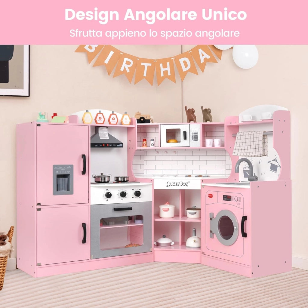 Set Gioco da Cucina per Bambini d'Angolo, Cucina Giocattolo in Legno con Macchina di Ghiaccio, Microonde, Lavatrice e Accessori, con Suoni e Luci, per Bambini 3-10 Anni (Rosa)