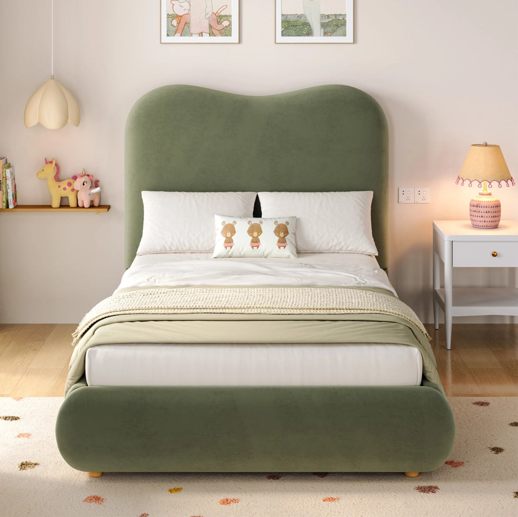 Letto singolo imbottito 90x200 cm con contenitore e rete a doghe; velluto verde