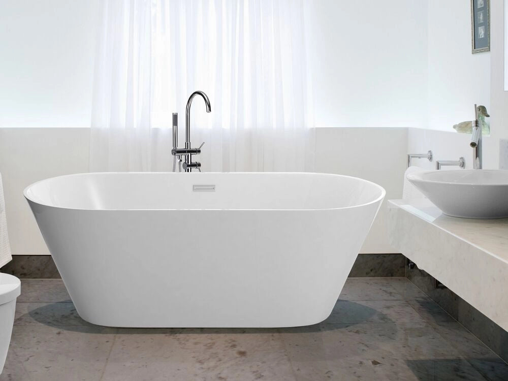 Vasca freestanding bianco sanitario acrilico singolo 150 x 75 cm forma ovale troppopieno sistema design moderno