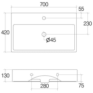 Lineabeta - Lavabo da appoggio/sospeso con foro rubinetto 70x42 bianco opaco