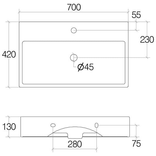 Lineabeta - Lavabo da appoggio/sospeso con foro rubinetto 70x42 bianco opaco