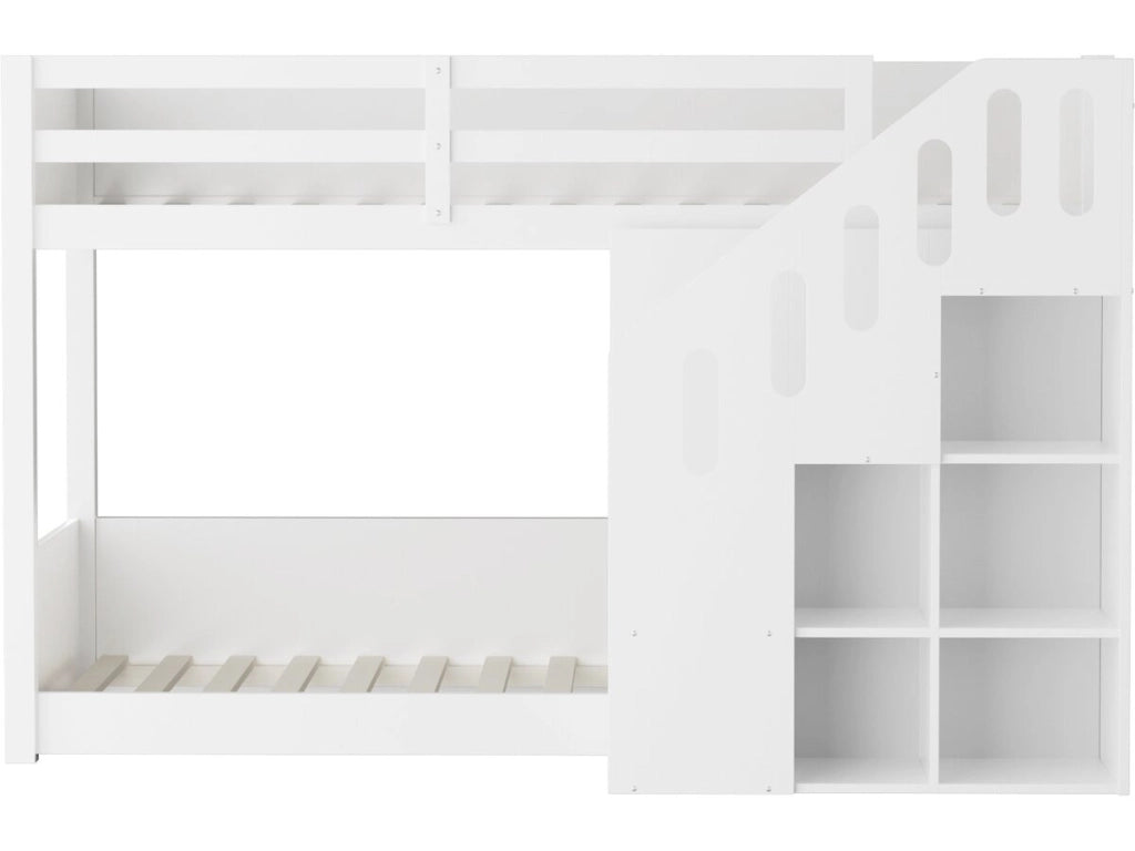 Letto a castello in legno con scaletta e contenitori "Léana" - 90 x 190 cm - Bianco