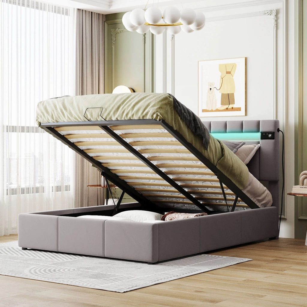 Letto imbottito grigio in velluto con LED; Bluetooth; USB e contenitore idraulico