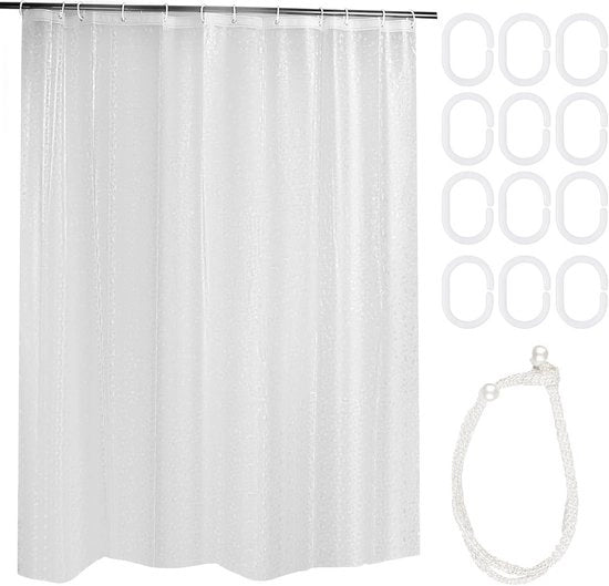 Douchegordino antibatterico 180x200cm, resistente alla muffa e impermeabile, progettato in 3D, trasparente - tenda da bagno con disegno a ciottoli e fermatende a perla - inclusa la fascetta con 12 anelli per vasca da bagno