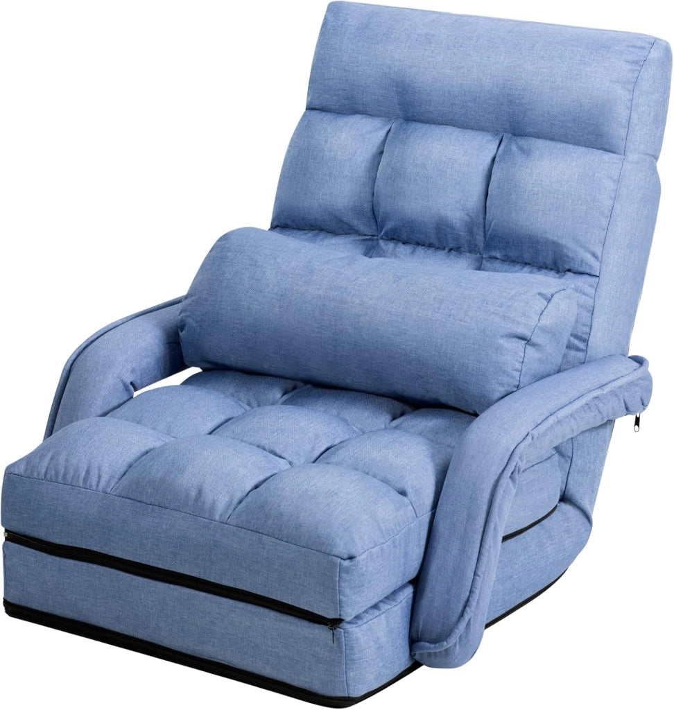 Poltrona Divano con 5 Livelli Regolabili, Sedia da Terra con Braccioli e Cuscino, Struttura in Acciaio, Multifunzione e Pieghevole per Soggiorno Camera da Letto, 55x66x71 cm (Blu)