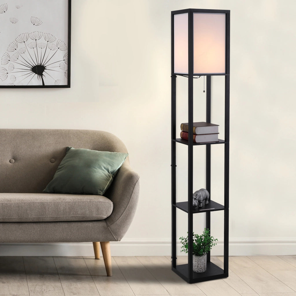 Lampada a Terra 40W con 3 Mensole Integrate e Interruttore a Tirante, Lampada Moderna in MDF e PS, 26x26x160 cm, Nero e Bianco