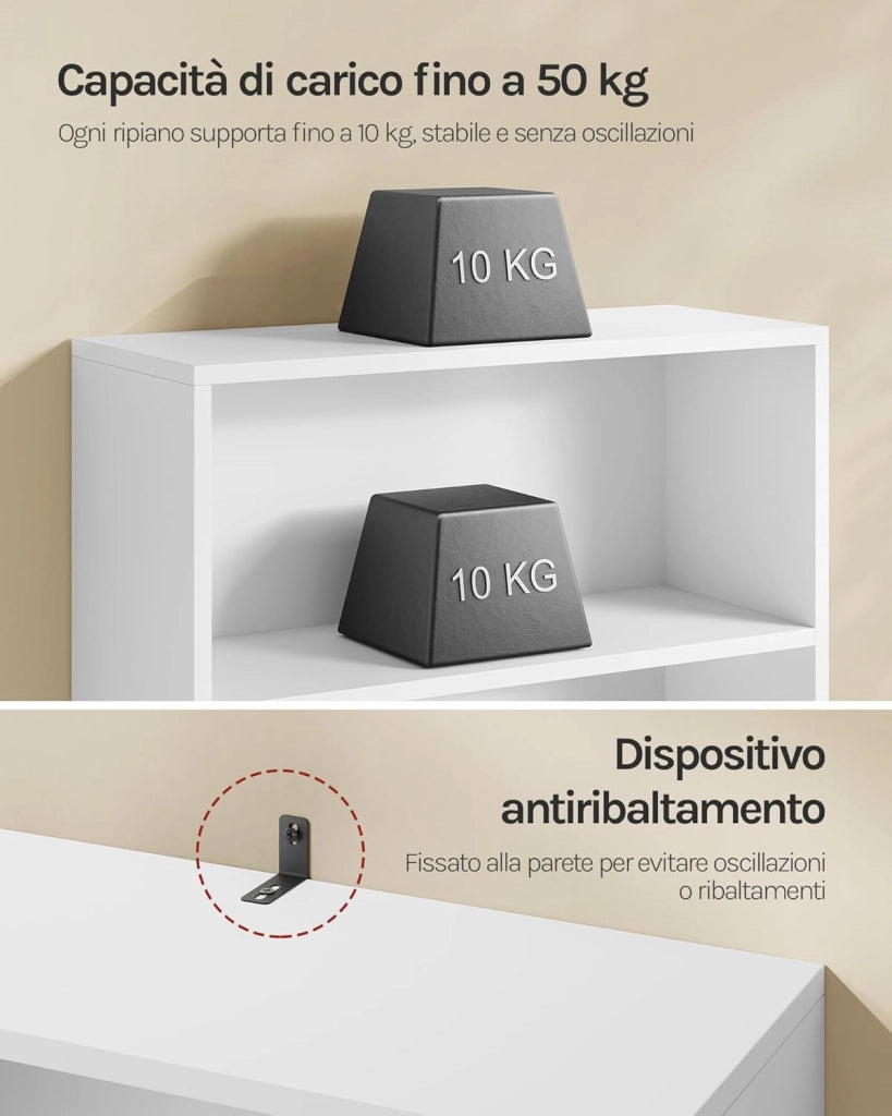 Libreria a 5 Ripiani, Scaffale Libreria da Terra Salvaspazio, Mobile Porta Libri in Legno Bianco Moderno, per Soggiorno, Camera da Letto, Studio, Ufficio, 60x24x144cm