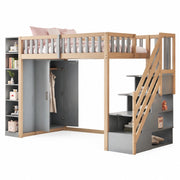 Letto a soppalco 90x200 cm con armadio; scale con cassetti e ripiani; grigio