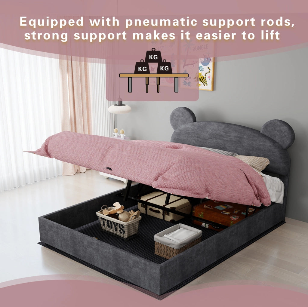 Letto per bambini con contenitore sollevabile e materasso 140x200 cm; velluto grigio