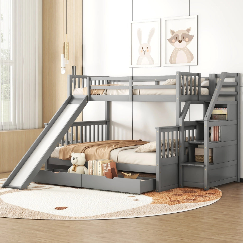 OKWISH Letto a Castello 90×200 cm e 140×200 cm, Letto 3 Posti con Contenitore, Cassetti e Scivolo, senza Materasso, Grigio