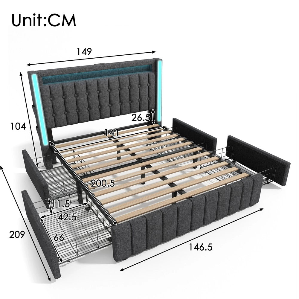 Letto imbottito con cassetti e LED ¨C Minimal ¨C Grigio, legno, 140x200cm, con materasso