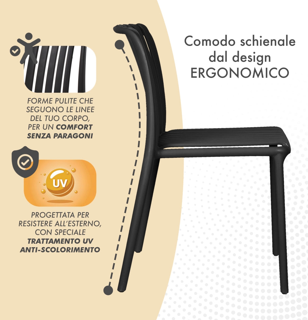 Set 4 Sedie In Polipropilene e Fibra Di Vetro Sedia Cucina Trattamento Uv Antiscolorimento Giardino Interno Esterno Moderne Robuste Resistenti Seduta Terrazzo Soggiorno Bar Ristorante Impilabili Maya-Nero