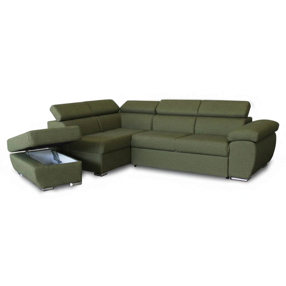 Divano Letto Angolare Fiona con Penisola Sinistra e Pouf Contenitore – Verde Oliva