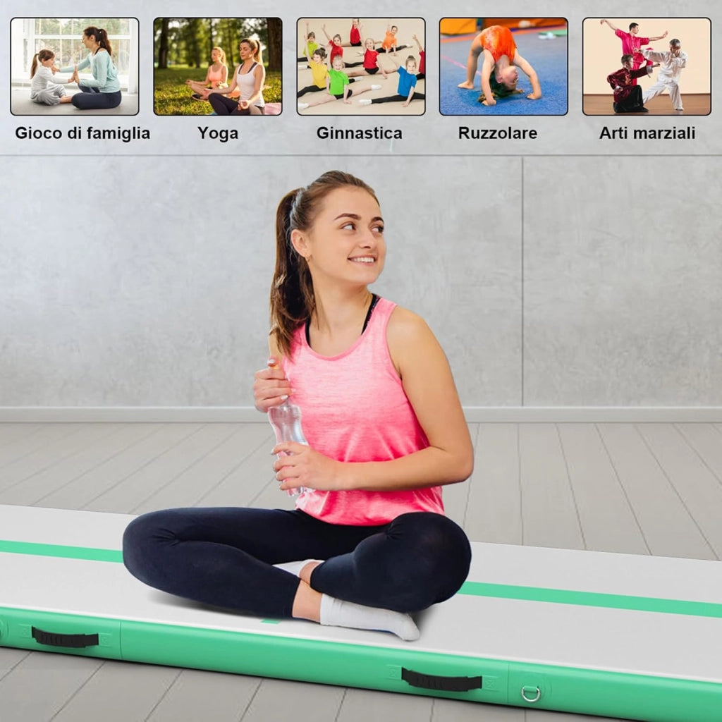 Tappetino da Ginnastica Gonfiabile Air Track, con Pompa ad Aria Elettrica, Materassino da Fitness 450 x 100 x 15 cm