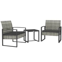 Set da giardino 3 pezzi 2 sedie con cuscini + tavolino piano in vetro temperato intreccio in resina sintetica grigio chiaro