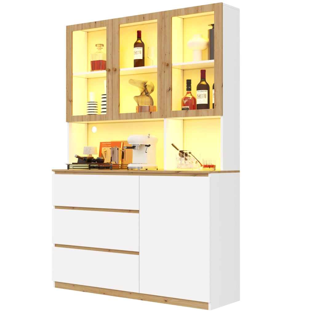 Vetrina alta multifunzione con LED, 120 x 200 cm, bianco e rovere, MDF