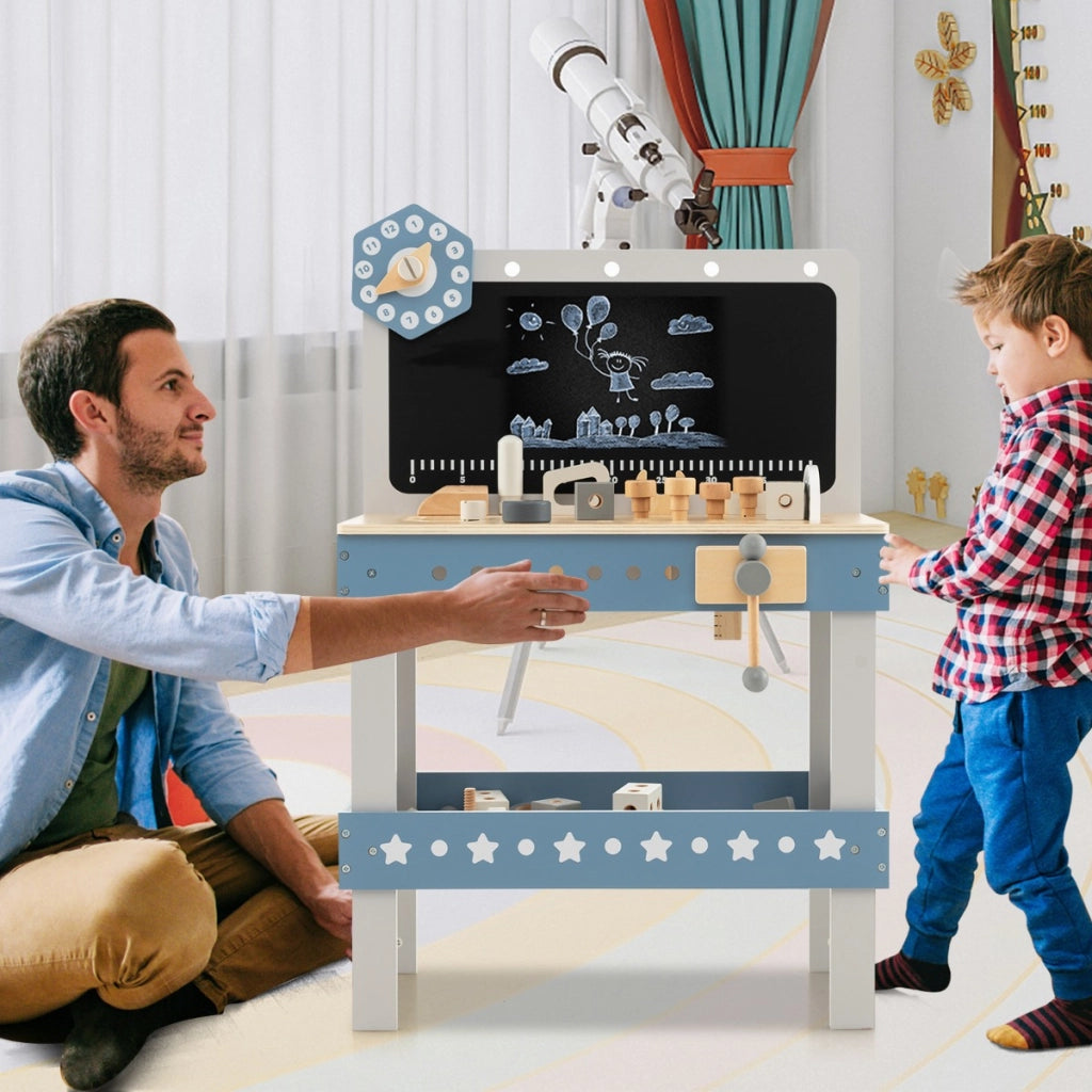 Set banco da lavoro per bambini in legno con 61 attrezzi e parti, Tavolo da lavoro per bambini 3+ anni Blu-Tavoli e sedie