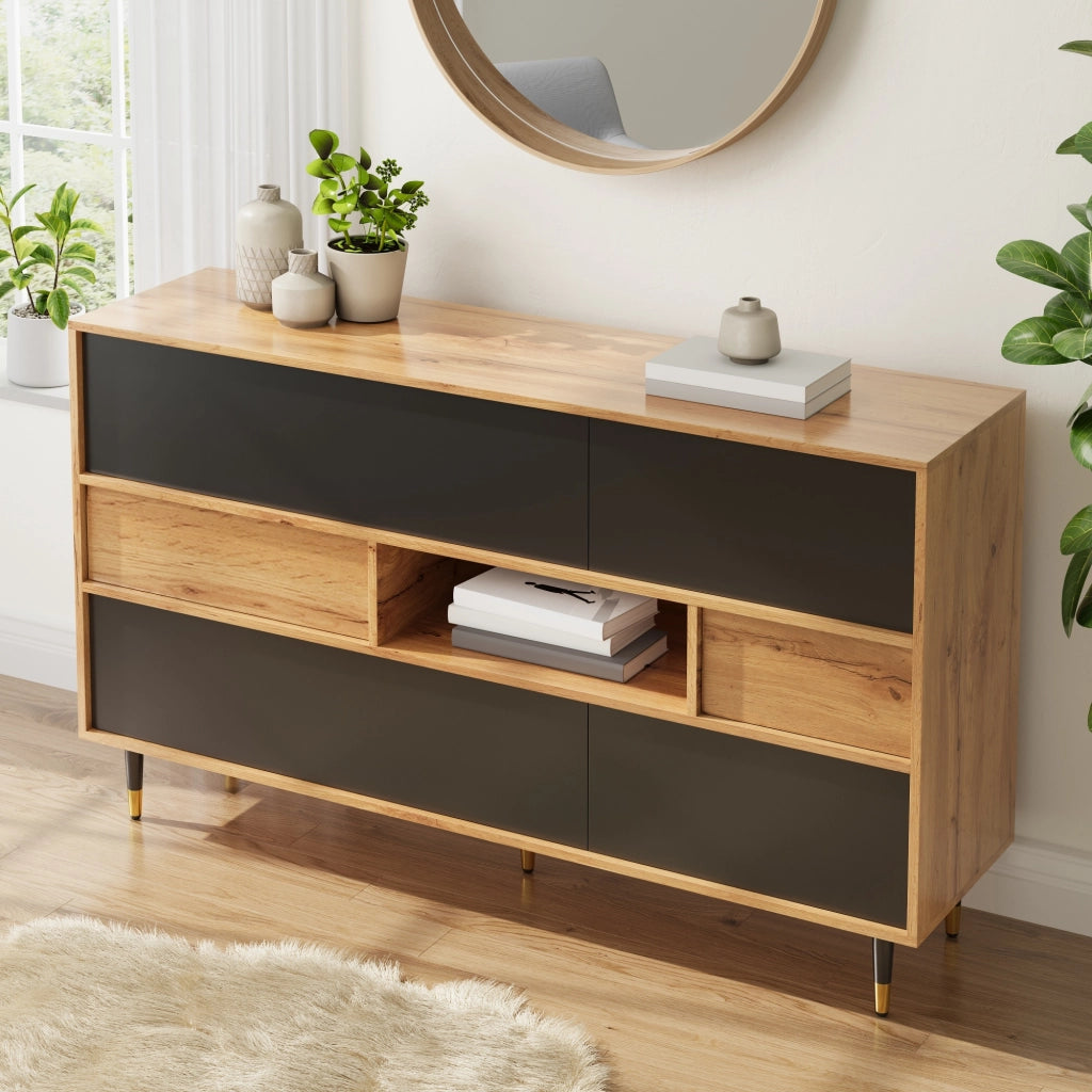 Credenza e madia con 2 cassetti, vano aperto e ante ribaltabili per soggiorno, nero naturale, 140 × 40 × 84,5 cm