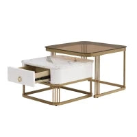 Set di Tavolini da Salotto Impilabili in Marmo Lucido e Vetro con Dettagli Dorati e Cassetti, 60x60x42,5 cm + 50x50x34 cm, Bianco