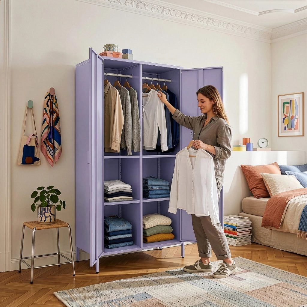 Armadio Guradaroba Esteli in Acciaio a 2 Ante con 2 Barre Appendiabiti e 4 Ripiani 170 x 80 x 45 cm - Viola [en.casa]