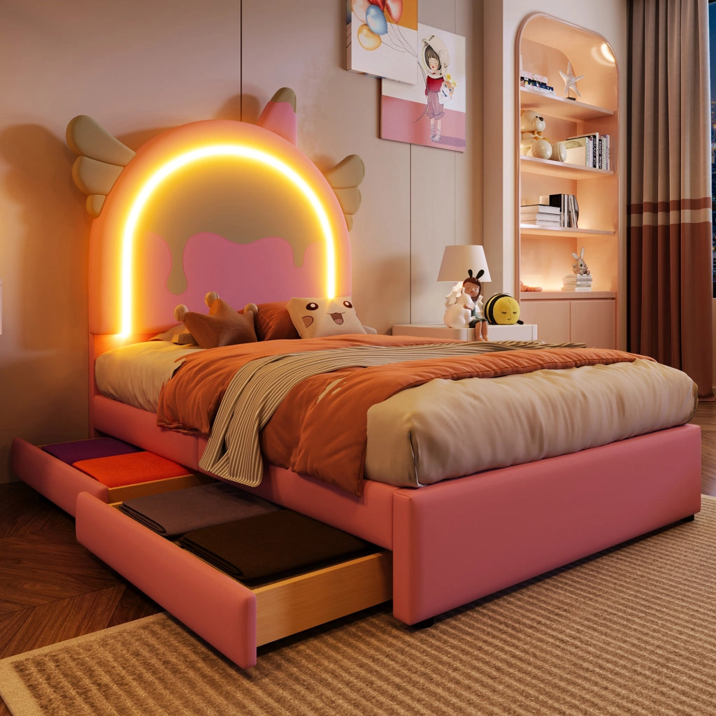 Letto Singolo per Bambini 90 x 200 cm con 2 Cassetti e Barra Luminosa; Forma Unicorno; senza Materasso; PU; Rosa