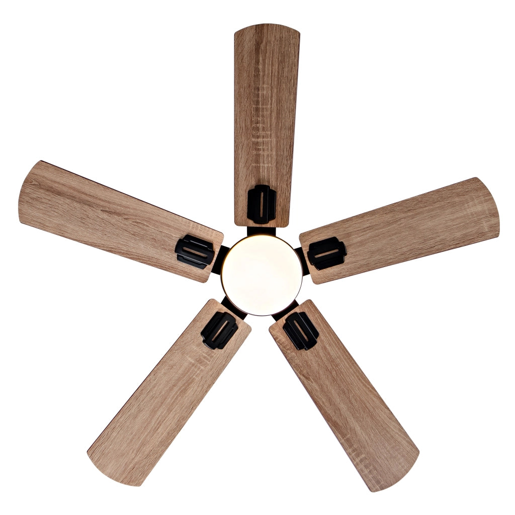 Ventilatore da soffitto a filo con luce dimmerabile e telecomando, motore DC reversibile nero e noce scuro