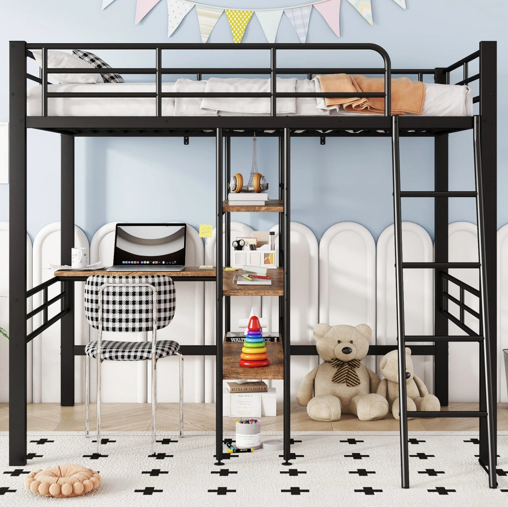 Letto a soppalco nero 90x200 cm con scrivania e ripiani