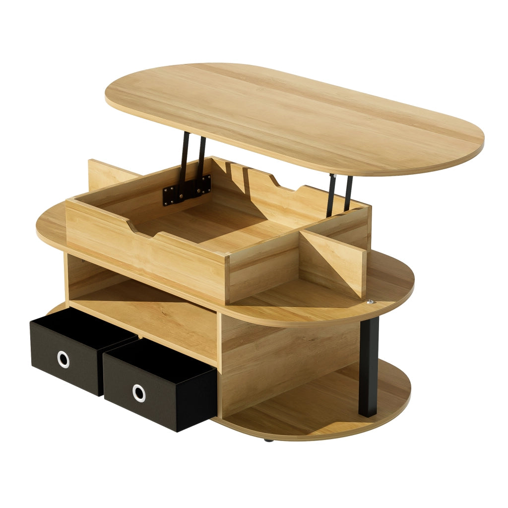 Tavolino da Salotto Sollevabile con 2 Cassetti in Tessuto; Contenitore; Effetto Legno e Nero; Stile Moderno; 105×50×45/60 cm