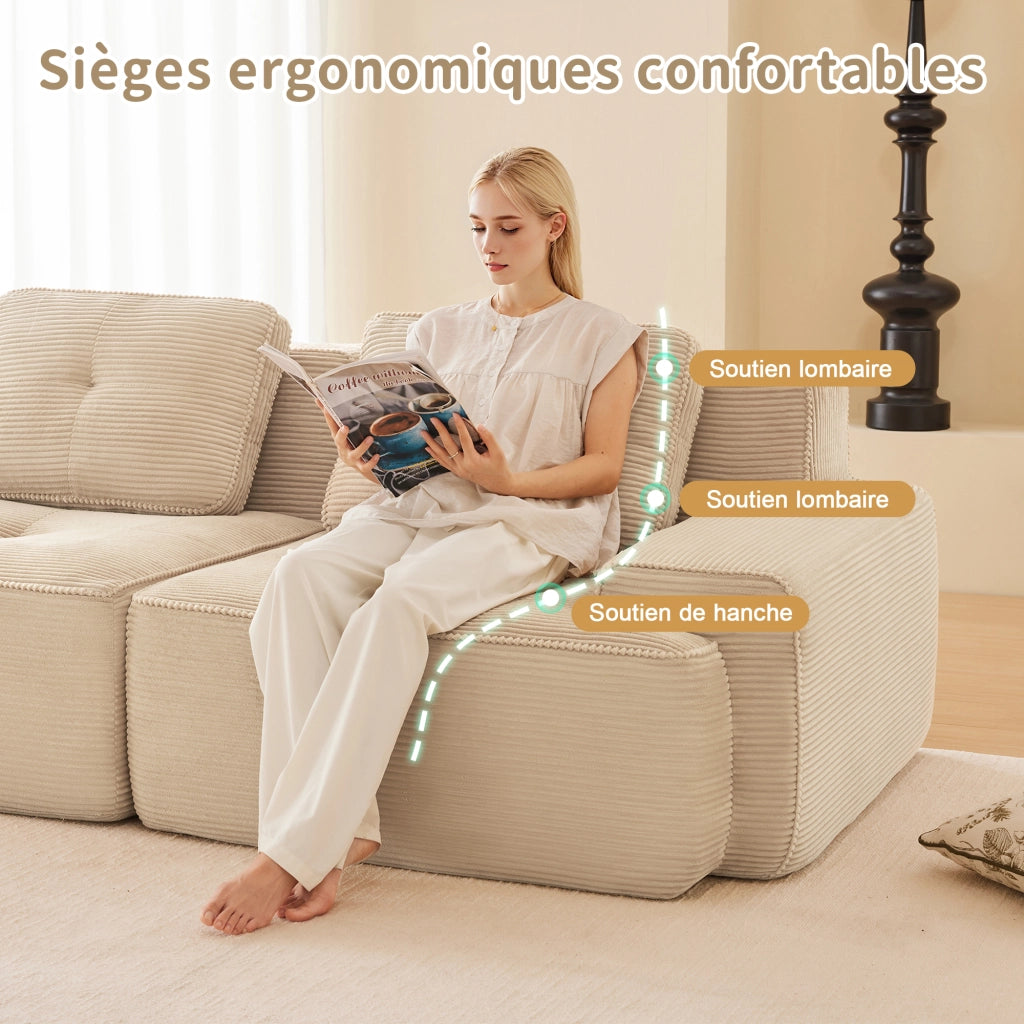 Divano modulare 3 posti con ottoman; seduta profonda; senza montaggio; velluto a coste beige