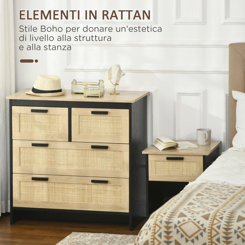 Cassettiera 4 Cassetti in Truciolato e Rattan ¨C Zephmum ¨C 80x38x80 cm