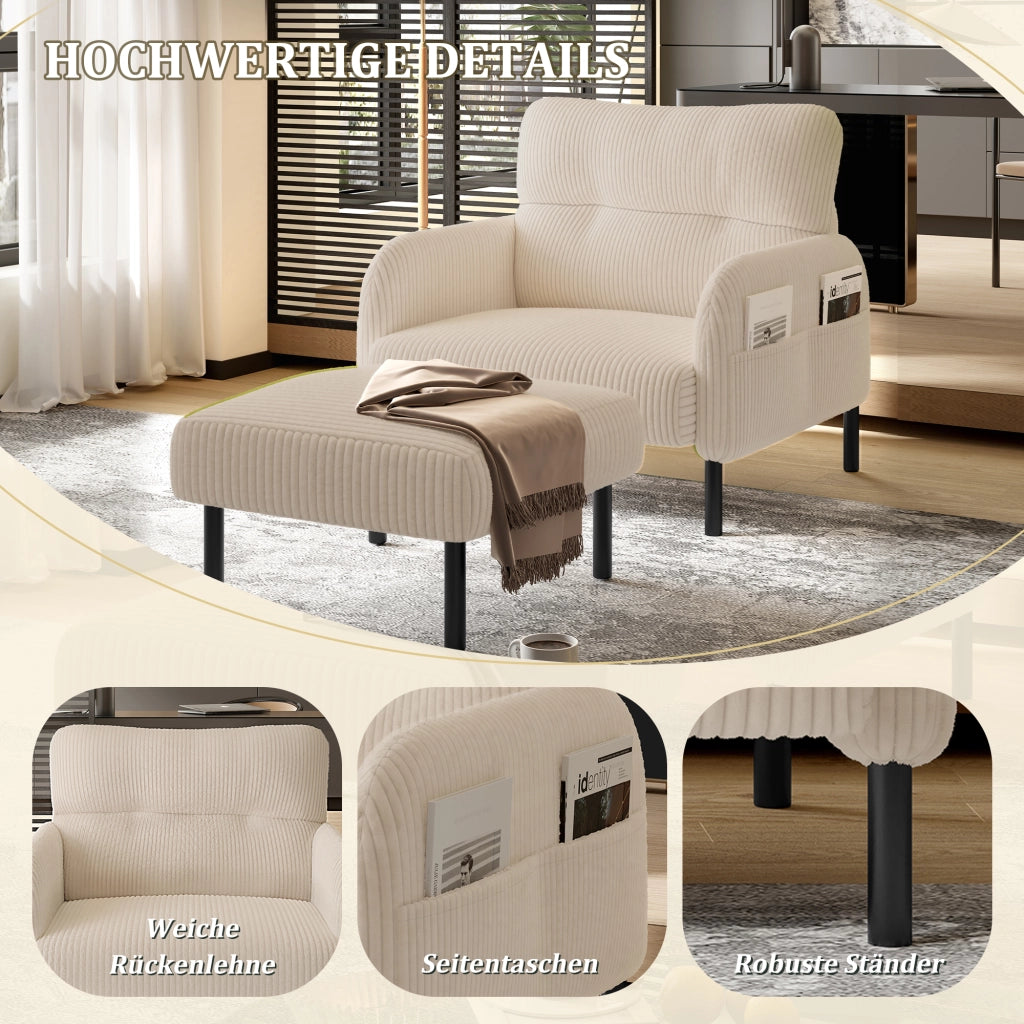 POLTRONA con tasca laterale 67 x 75 x 79 cm in velluto a coste beige
