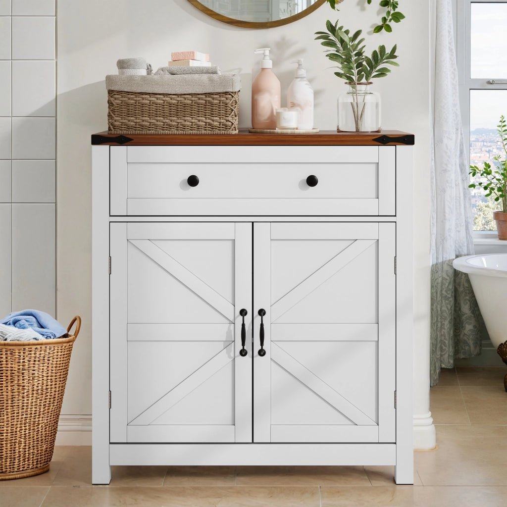 Credenza multifunzionale in stile country con cassetto, ante a fienile e ripiano regolabile, bianca