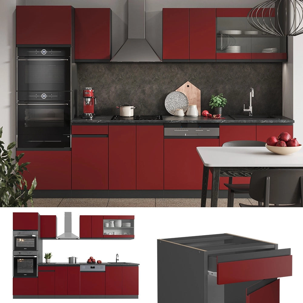 Cucina componibile R-Line Rosso/Antracite 300 cm J-Shape con armadio alto, PL Antracite Vicco